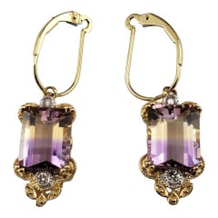 Pendientes de oro amarillo de 14 quilates con ametrinas y diamantes  #17079
