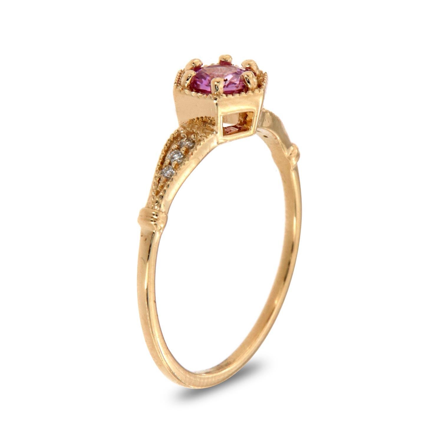This rustic designed ring is impressive in its vintage appeal, featuring a natural pink round sapphire, accented with milgrain and round brilliant diamonds. Experience the difference in person!

Product details: 

Center Gemstone Type: