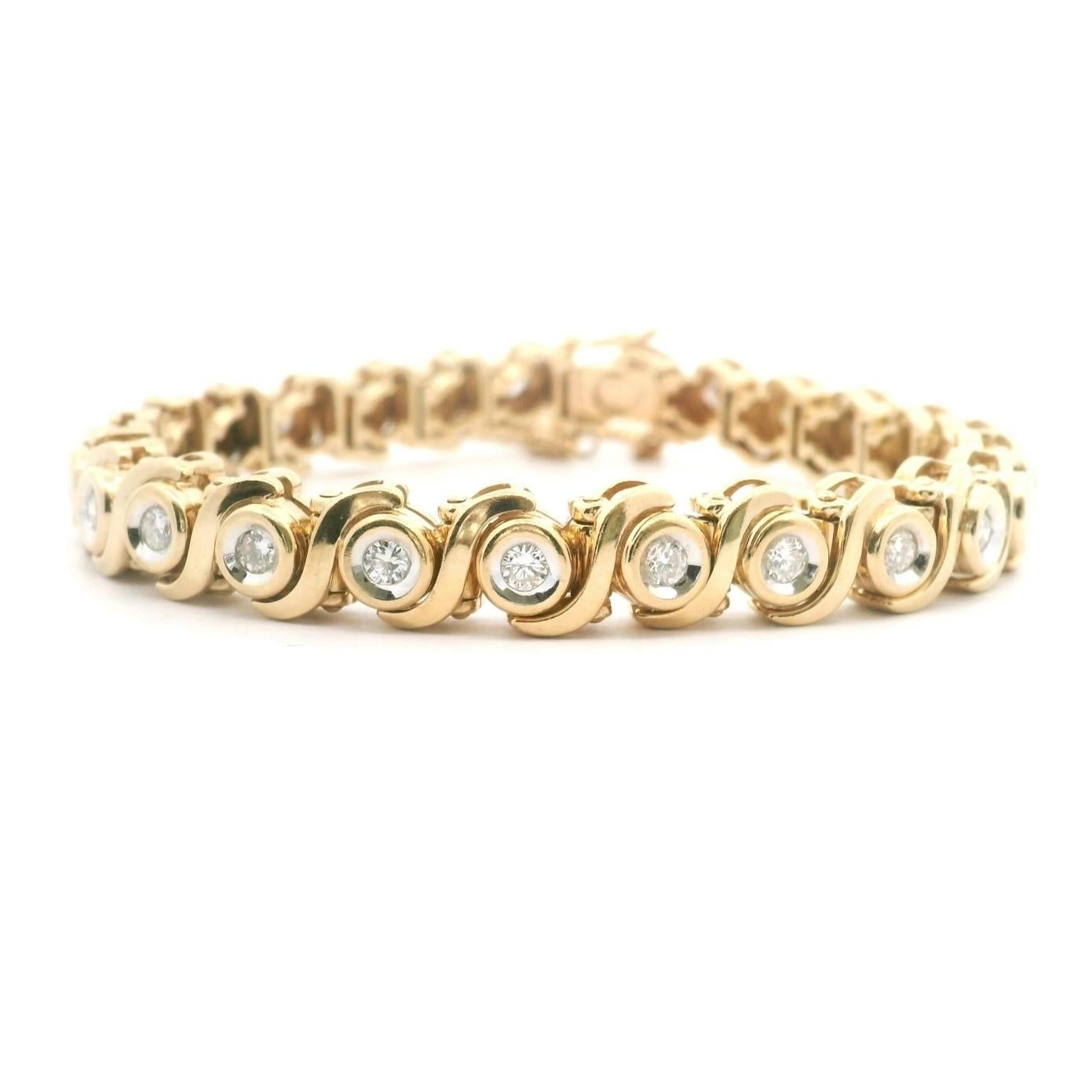 Taille ronde 14k Yellow Gold and 1.25ct Bezel Set Diamond Heavy S Link Tennis Bracelet 7