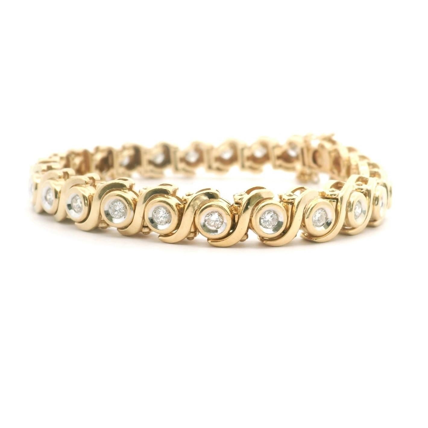 14k Yellow Gold and 1.25ct Bezel Set Diamond Heavy S Link Tennis Bracelet 7
