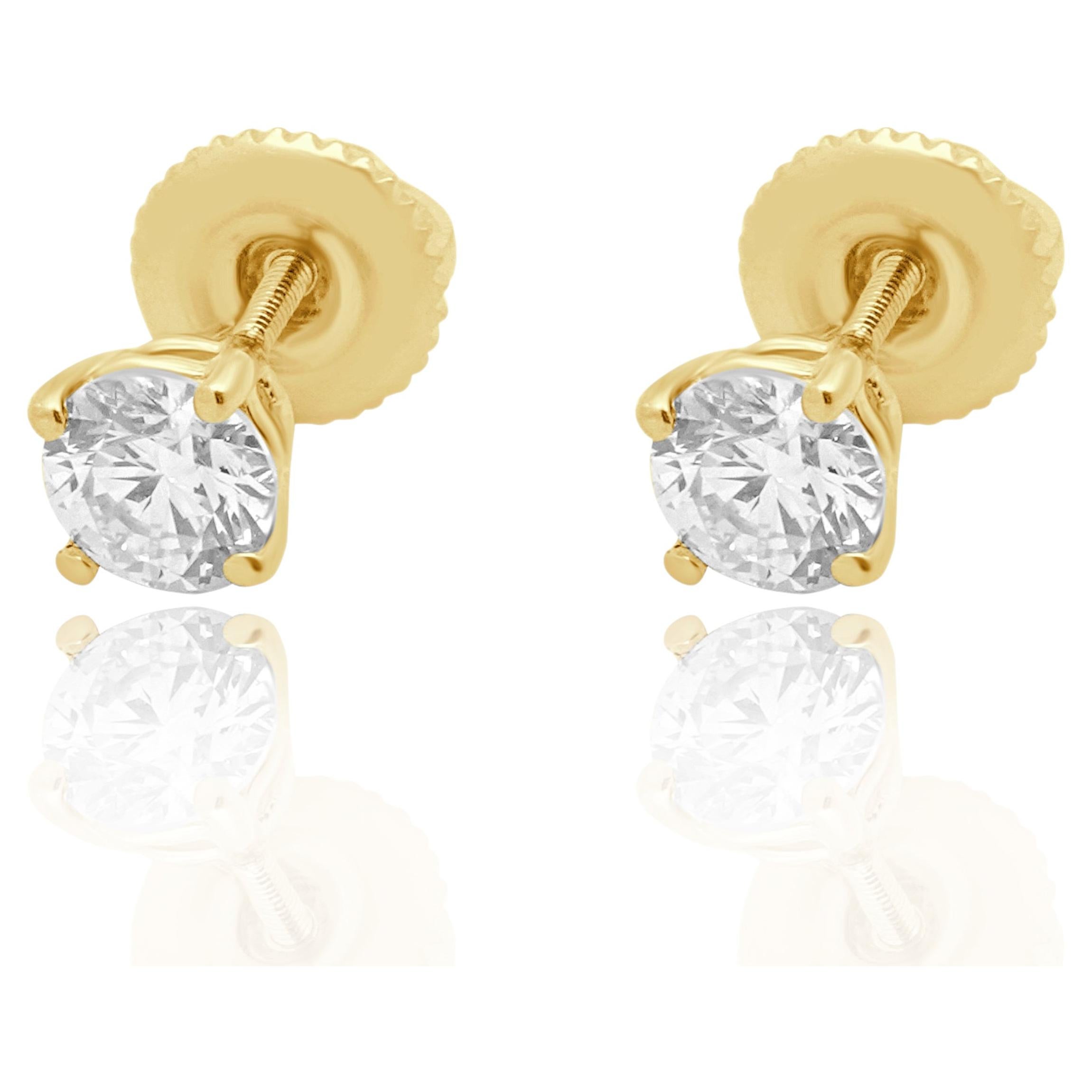 Orecchini a bottone in oro giallo 14 carati con diamante rotondo a taglio brillante incastonato a 4 griffe