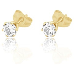 14K Yellow Gold and 6-Prong Set Round Brilliant Cut Diamond Stud Earrings