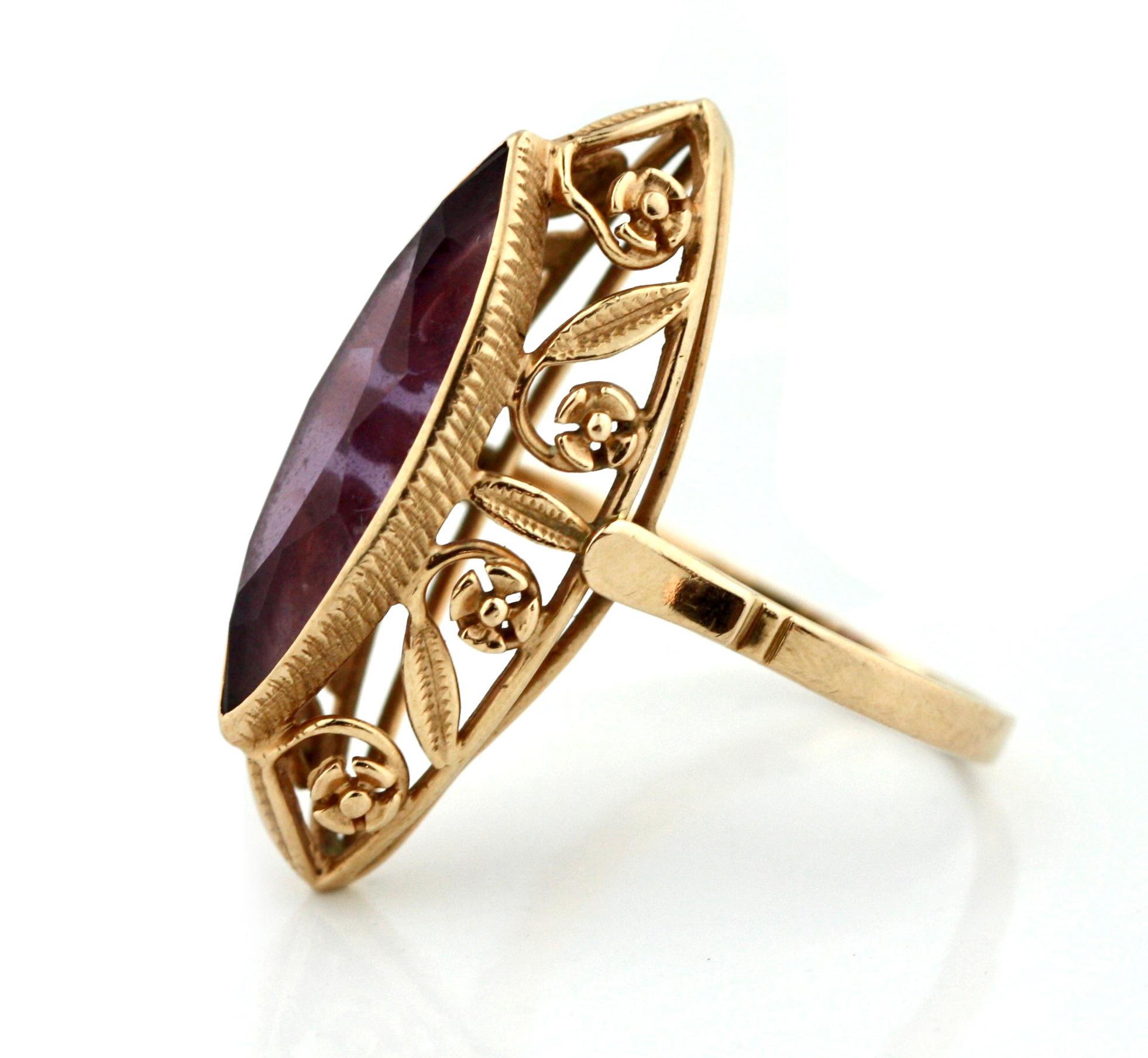 14K Yellow Gold and Amethyst Ring
Set with a marquise-cut Amethyst 6x22 mm ,
gross weight 6 grams
Ring size 8 3/4