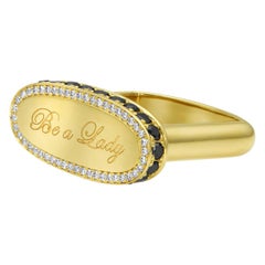 14k Yellow Gold and Black Diamond "Be a Lady" Signet Ring w/ White Diamond Pave