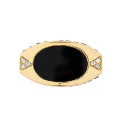 14 Karat Yellow Gold and Black Onyx Signet Ring with White Diamond Pavé Detail