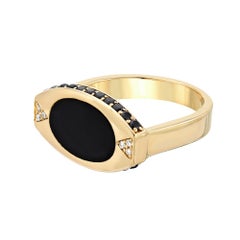 14 Karat Yellow Gold and Black Onyx Signet Ring with White Diamond Pavé Detail