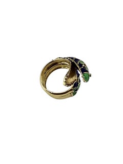 14K Yellow Gold and Blue / Green Enamel Snake Ring Size 7 #24861