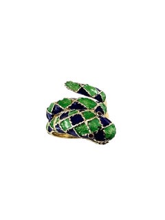 14K Yellow Gold and Blue / Green Enamel Snake Ring Size 7 #24861