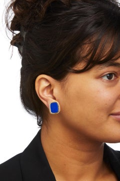 14k Yellow Gold and Blue Lapis Lazuli Tablet Stud Earrings, Omega Backs
