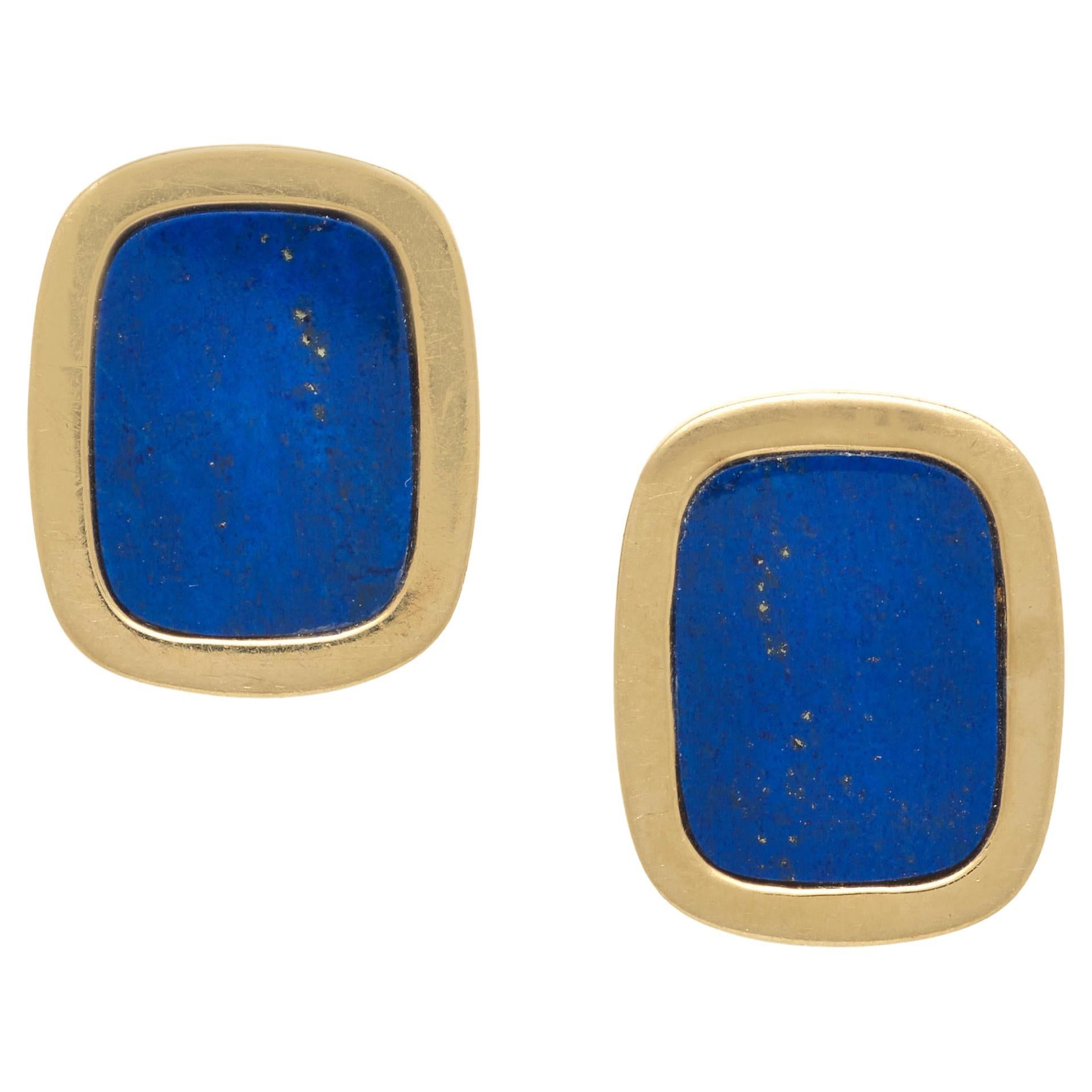14k Yellow Gold and Blue Lapis Lazuli Tablet Stud Earrings, Omega Backs