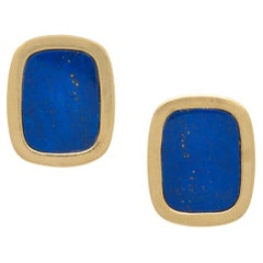 14k Yellow Gold and Blue Lapis Lazuli Tablet Stud Earrings, Omega Backs