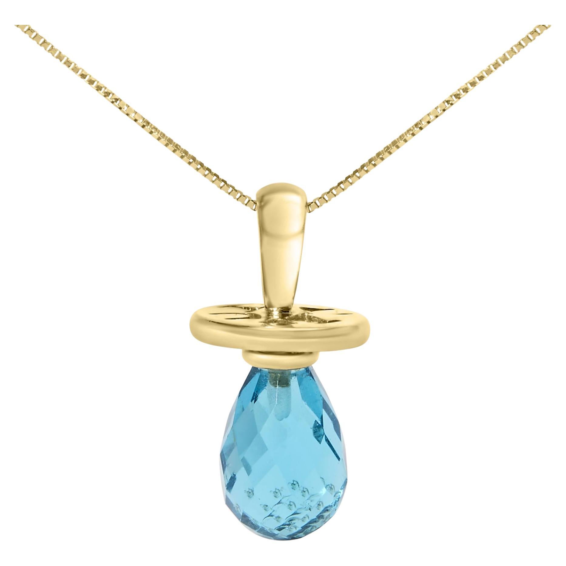 14K Yellow Gold and Blue Quartz Pacifier Pendant Necklace - 18" Inches For Sale