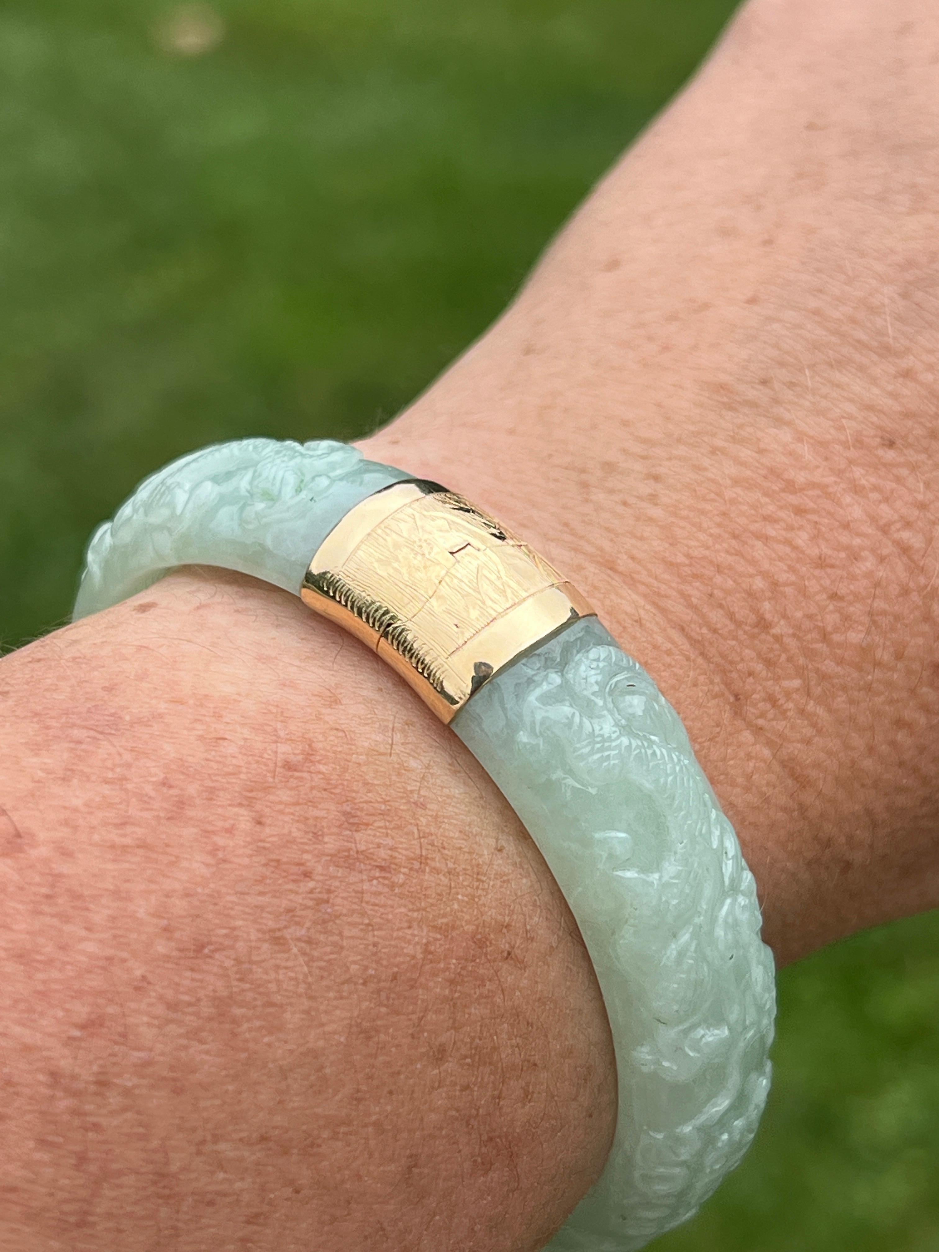 Tumbled 14k Yellow Gold and Carved Green Jadeite Bangle