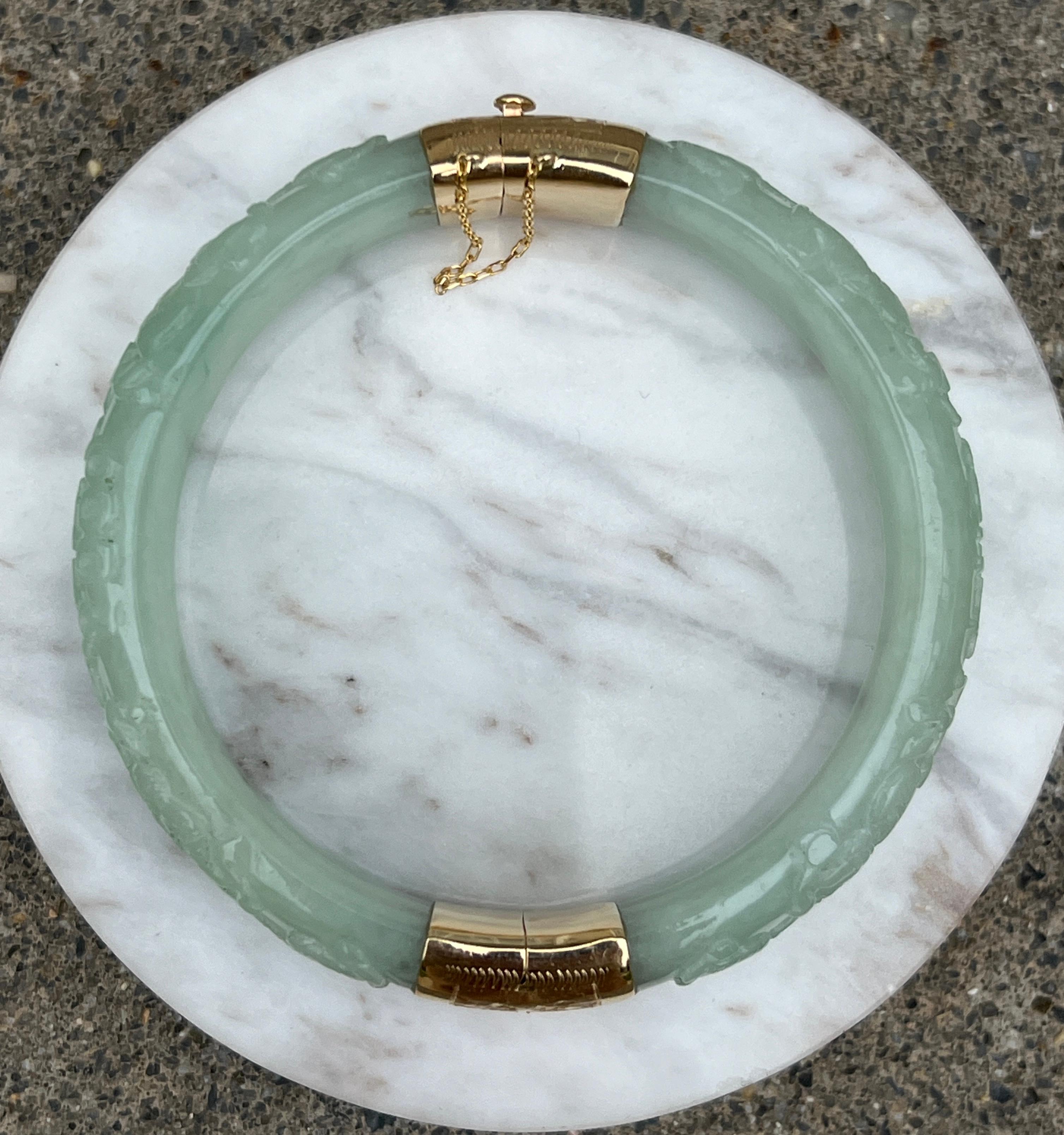 Women's or Men's 14k Yellow Gold and Carved Green Jadeite Bangle