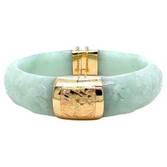 14k Yellow Gold and Carved Green Jadeite Bangle