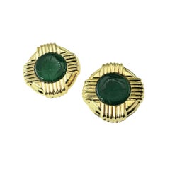 14K Yellow Gold and Carved Soldier Green Onyx Omega Back Earrings #20023