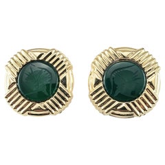 14K Yellow Gold and Carved Soldier Green Onyx Omega Back Earrings #20023
