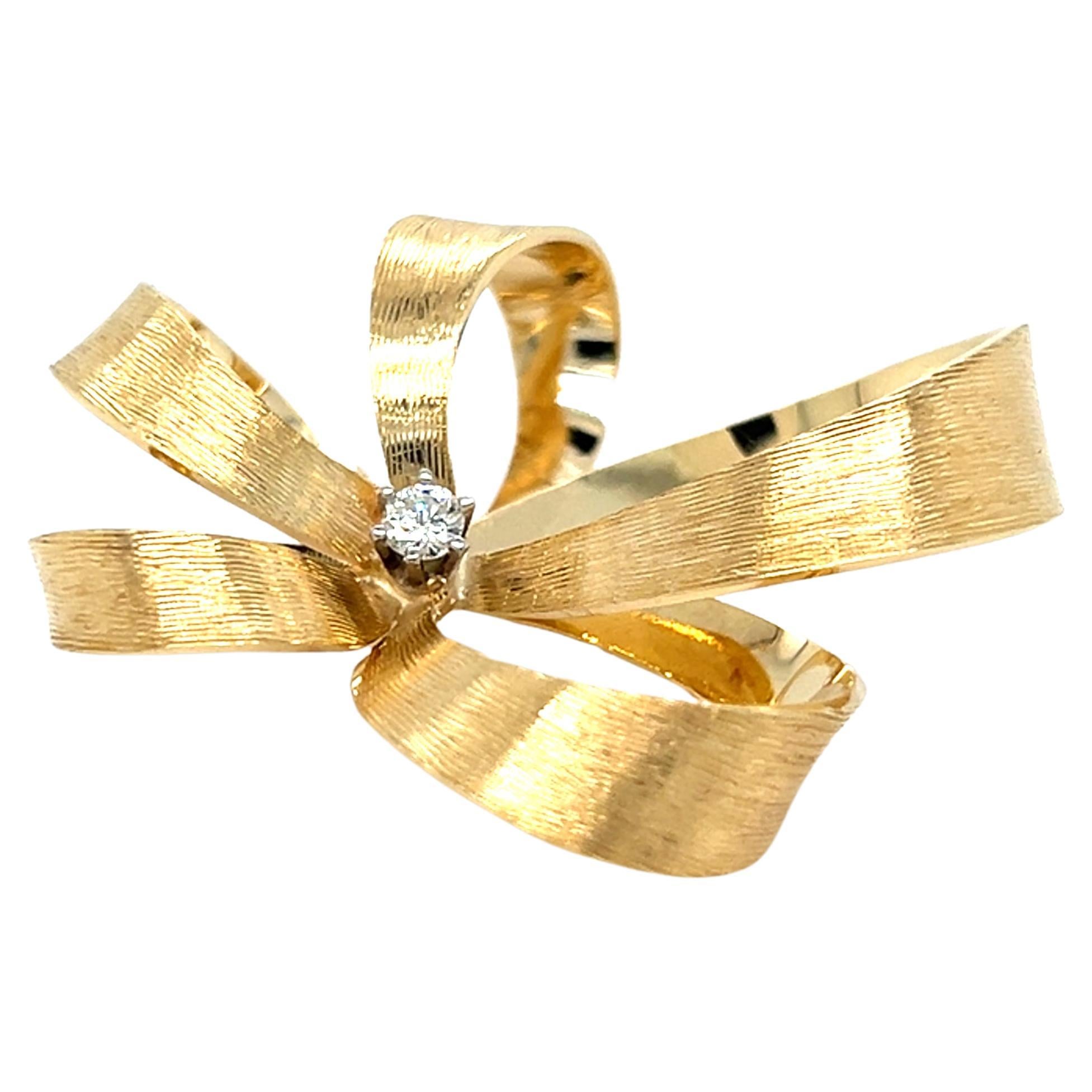 14k Yellow Gold and Diamond Bow Brooch