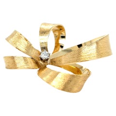 14k Yellow Gold and Diamond Bow Brooch