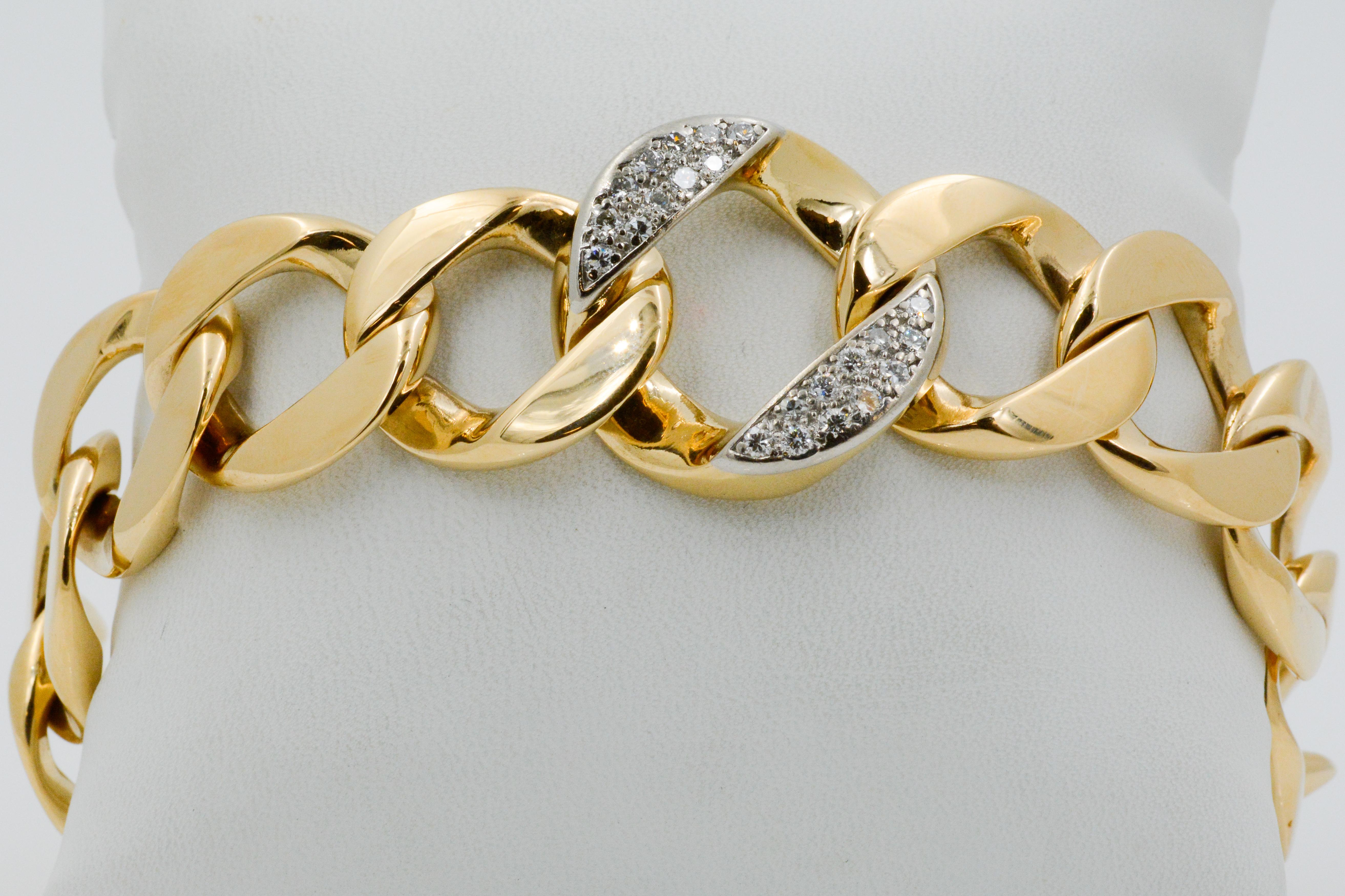 Modern 14 Karat Yellow Gold and Diamond Curb Link Bracelet