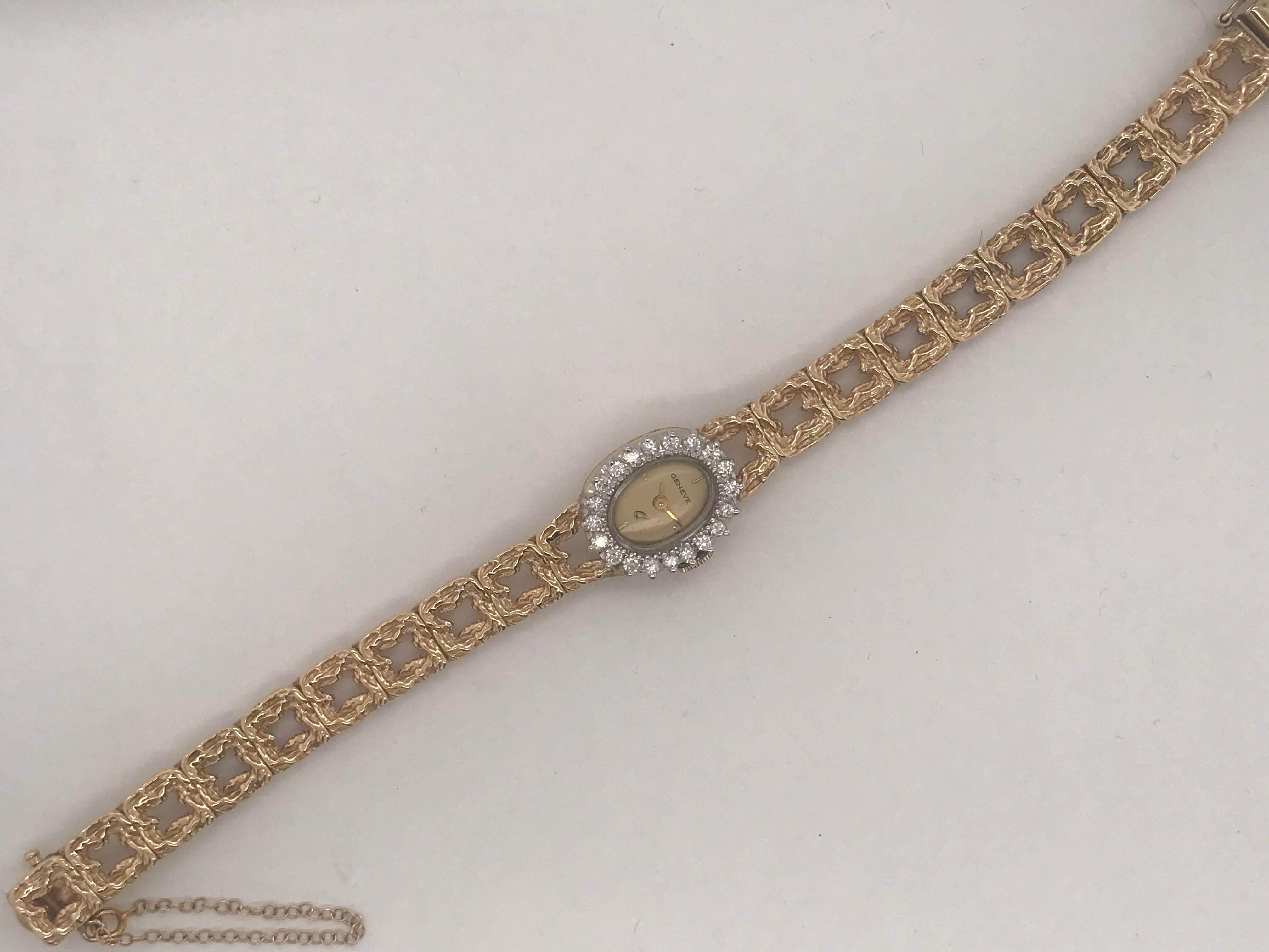 Women's 14 Karat Yellow Gold and Diamond Geneve Timepiece For Sale