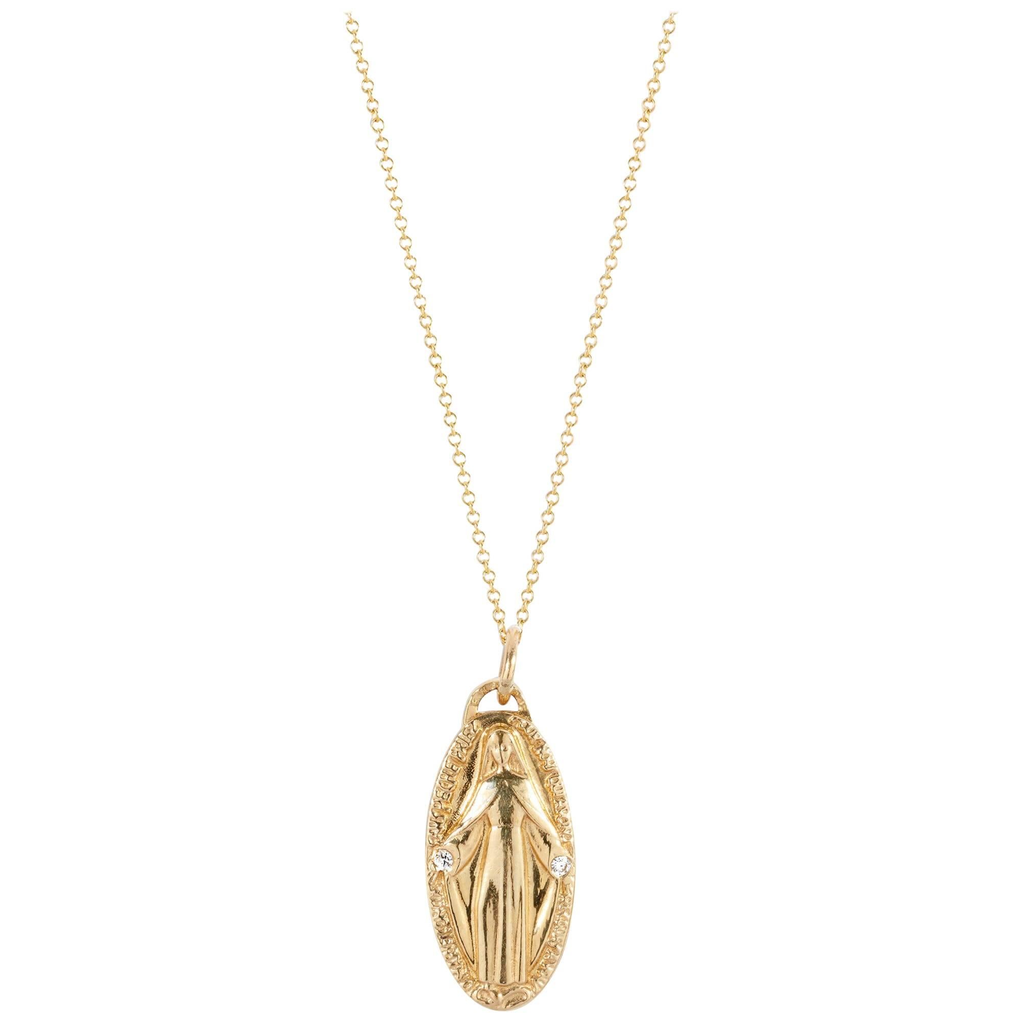 14k Yellow Gold and Diamond Immaculate Mary Medallion Pendant Cast from Antique For Sale