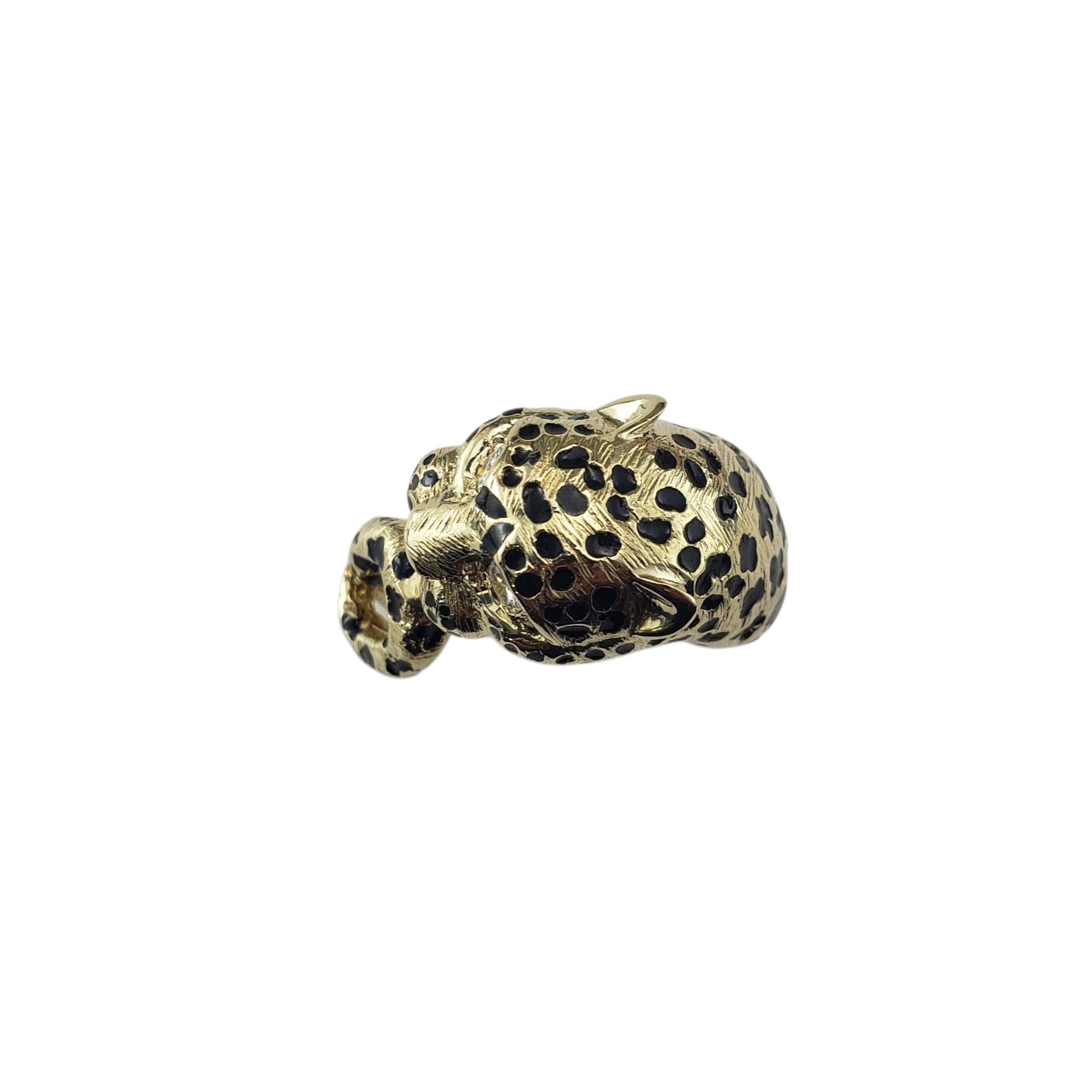 14K Yellow Gold and Diamond Leopard Ring Size 6.5

Bold and sculptural, this stunning leopard ring is crafted in 14K yellow gold and detailed with black enamel spots for a lifelike look. The felines eyes sparkle with two round cut diamonds, adding a