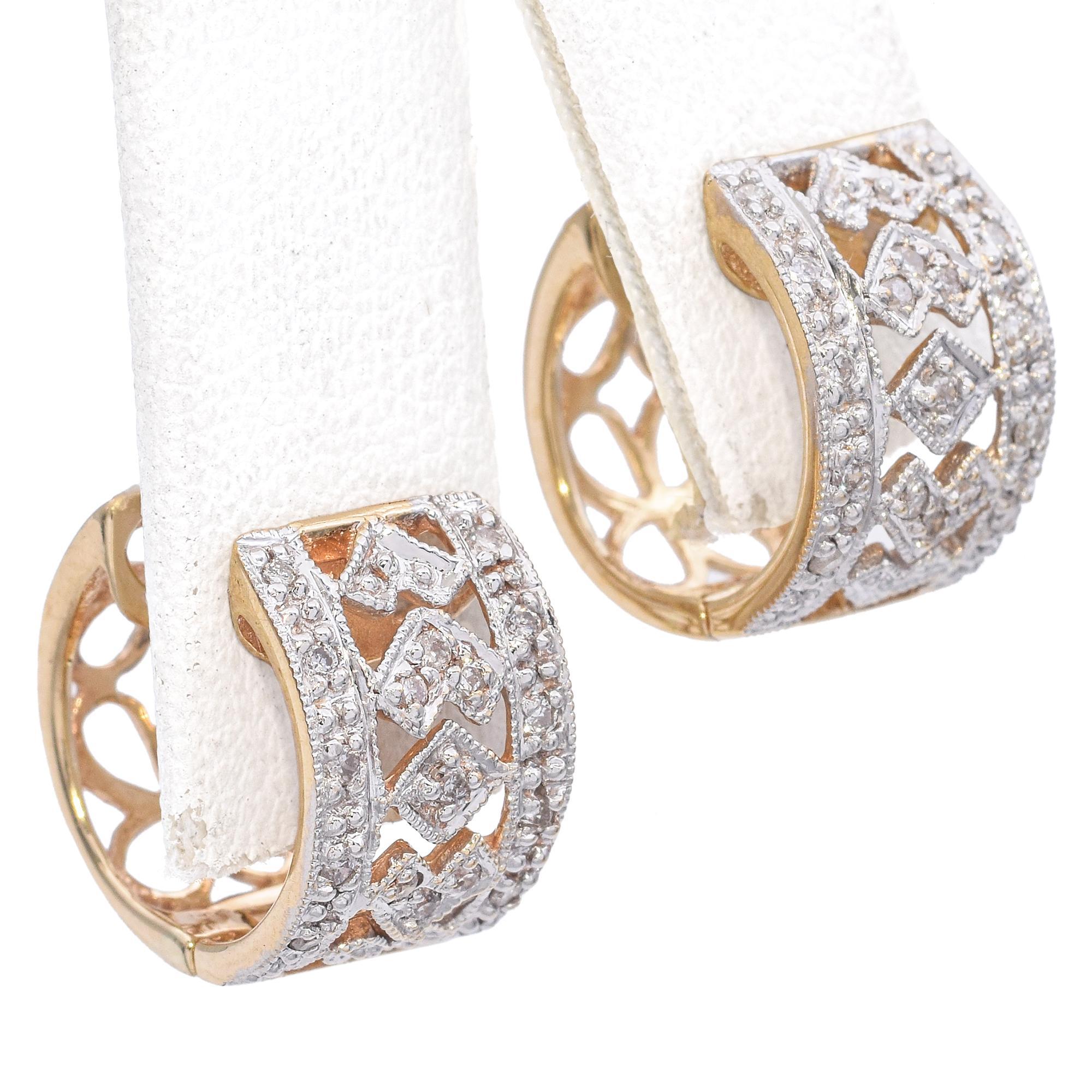 Boucles d'oreilles à motif en or jaune 14 carats et diamants Pour femmes en vente