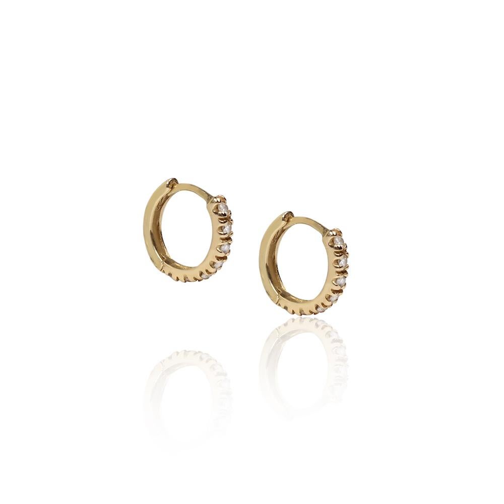 Round Cut 14 Karat Yellow Gold and Diamond Classic Huggie Earrings For Sale