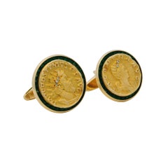 Gemelli con moneta in oro giallo 14k e smeraldo