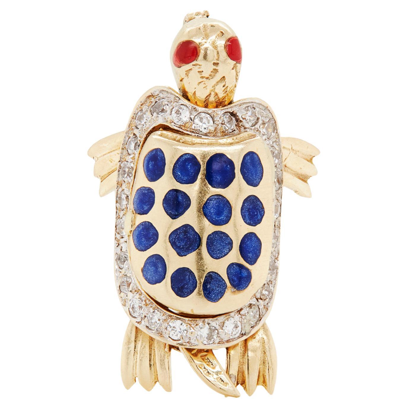 Colgante de tortuga móvil de oro amarillo de 14 quilates y esmalte con compartimento oculto con bisagra