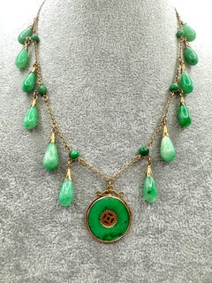 14K Yellow Gold and Jade Fringe Necklace with Chinese Symbol Disc Pendant
