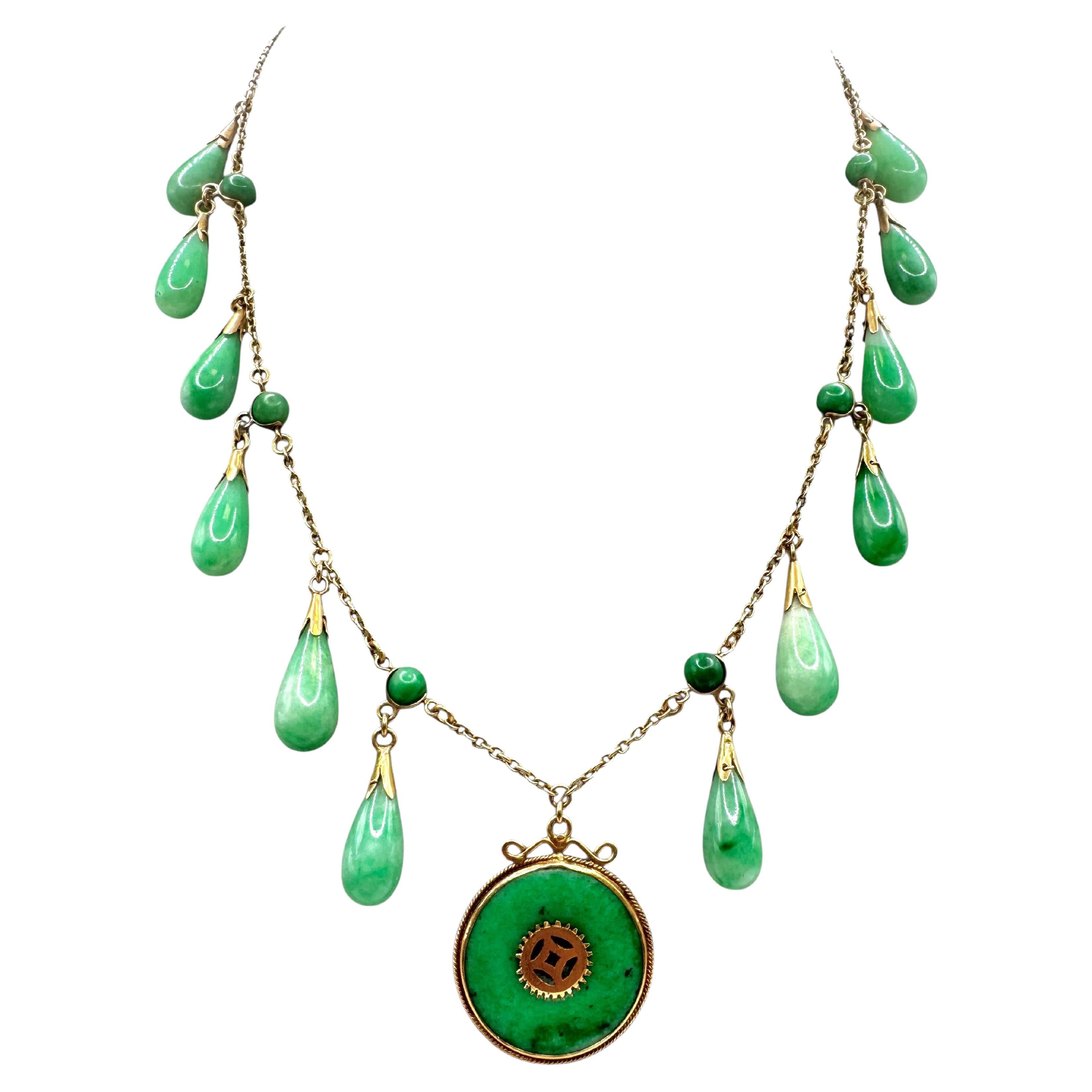14K Yellow Gold and Jade Fringe Necklace with Chinese Symbol Disc Pendant