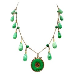 14K Yellow Gold and Jade Fringe Necklace with Chinese Symbol Disc Pendant