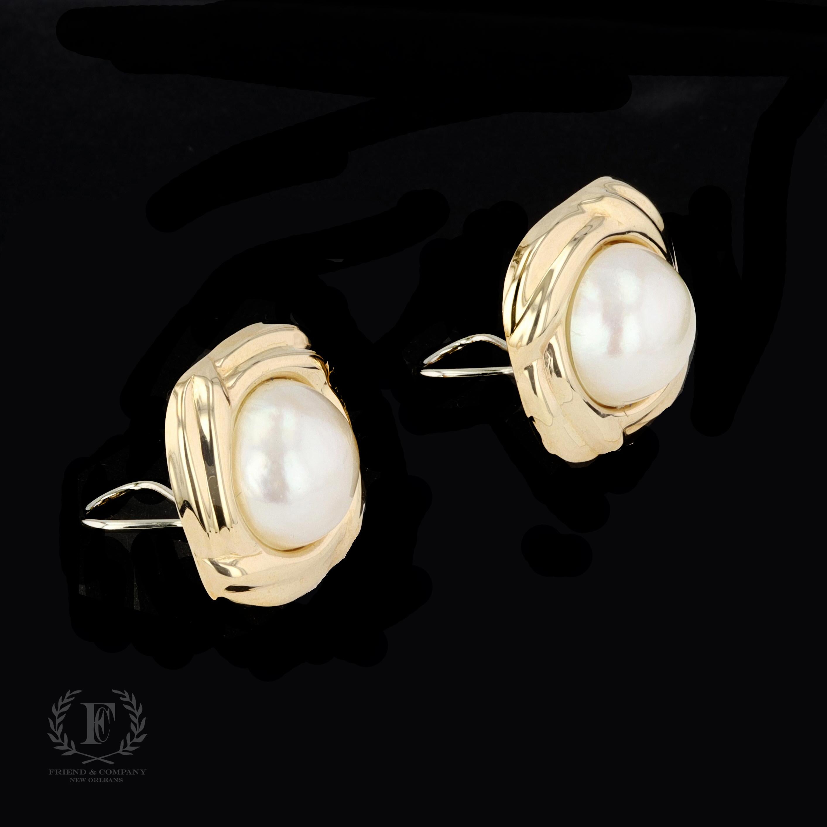 Romantic 14k Yellow Gold and Mabe Pearl Earrings For Sale