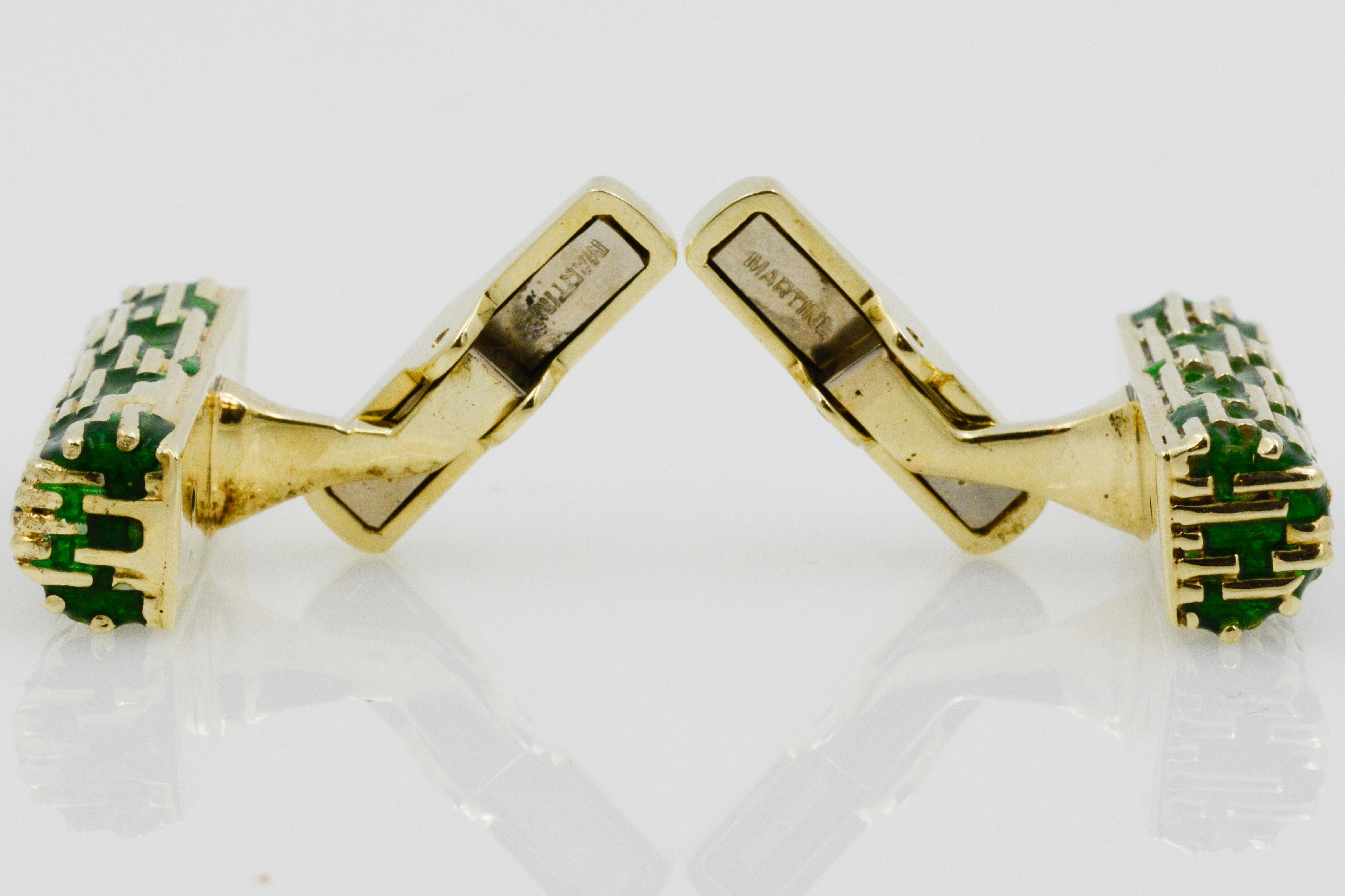 Men's 14 Karat Yellow Gold and Matrine Green Enamel Cufflinks