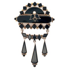 Viktorianische Brosche aus 14 Karat Gelbgold und Onyx und Perle