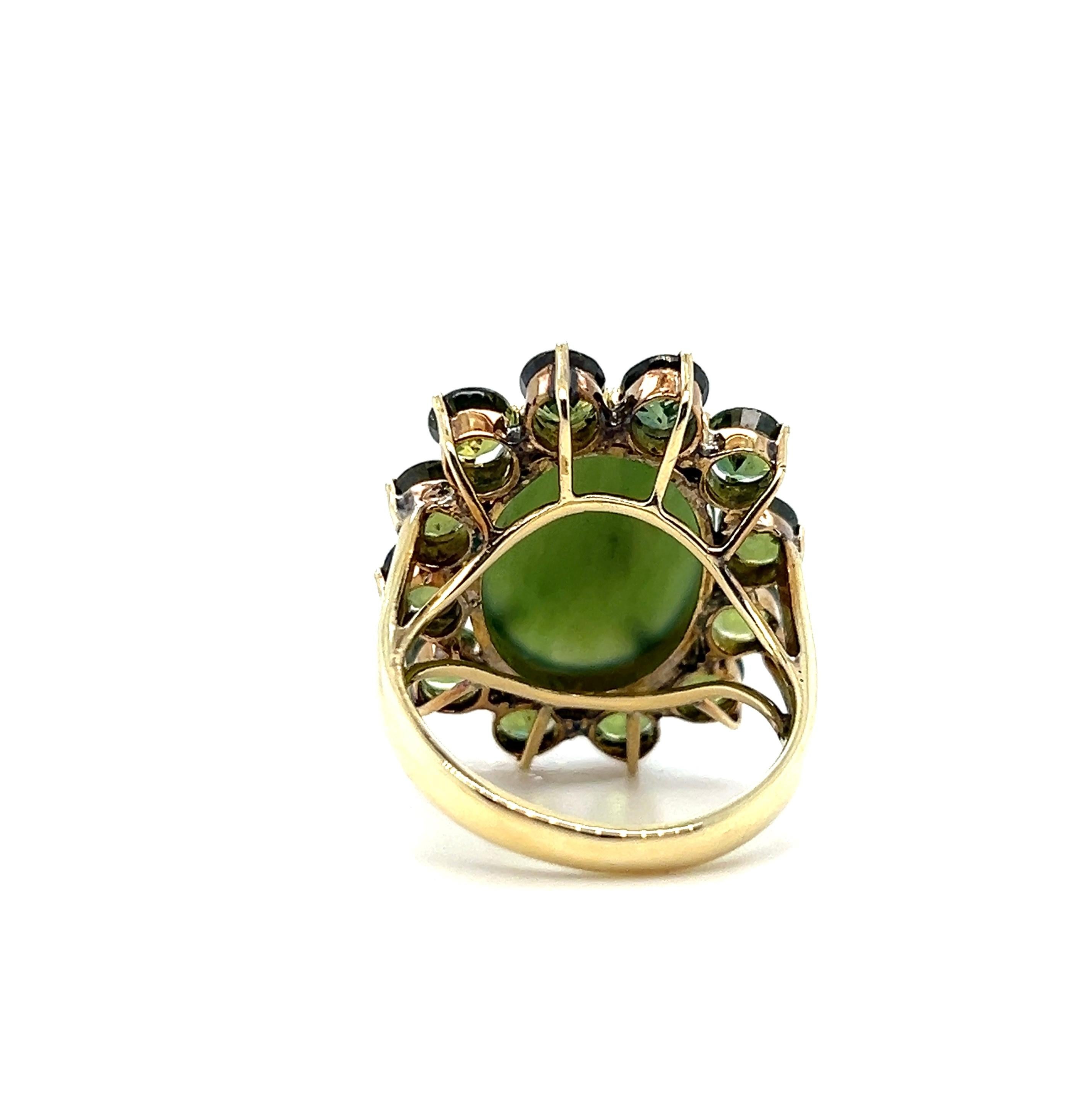 Oval Cut 14k Yellow Gold and Oval Nephrite Jade and Green Sapphire Ring For Sale