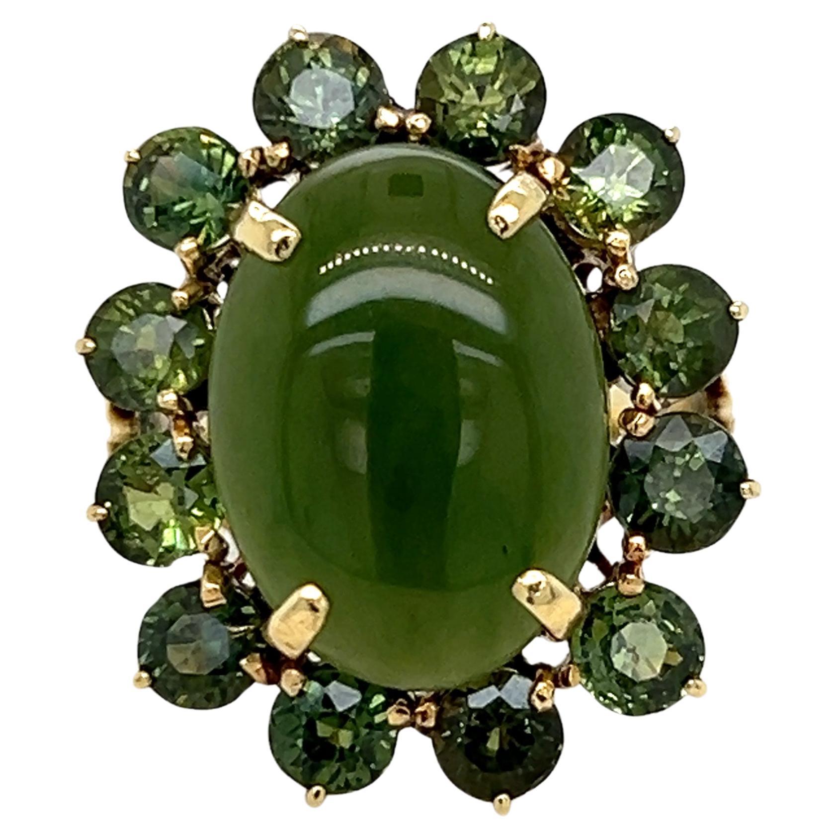 14k Yellow Gold and Oval Nephrite Jade and Green Sapphire Ring For Sale