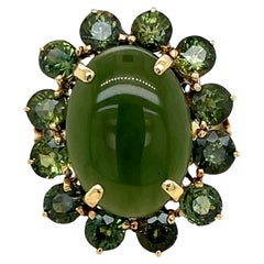 Vintage 14k Yellow Gold and Oval Nephrite Jade and Green Sapphire Ring
