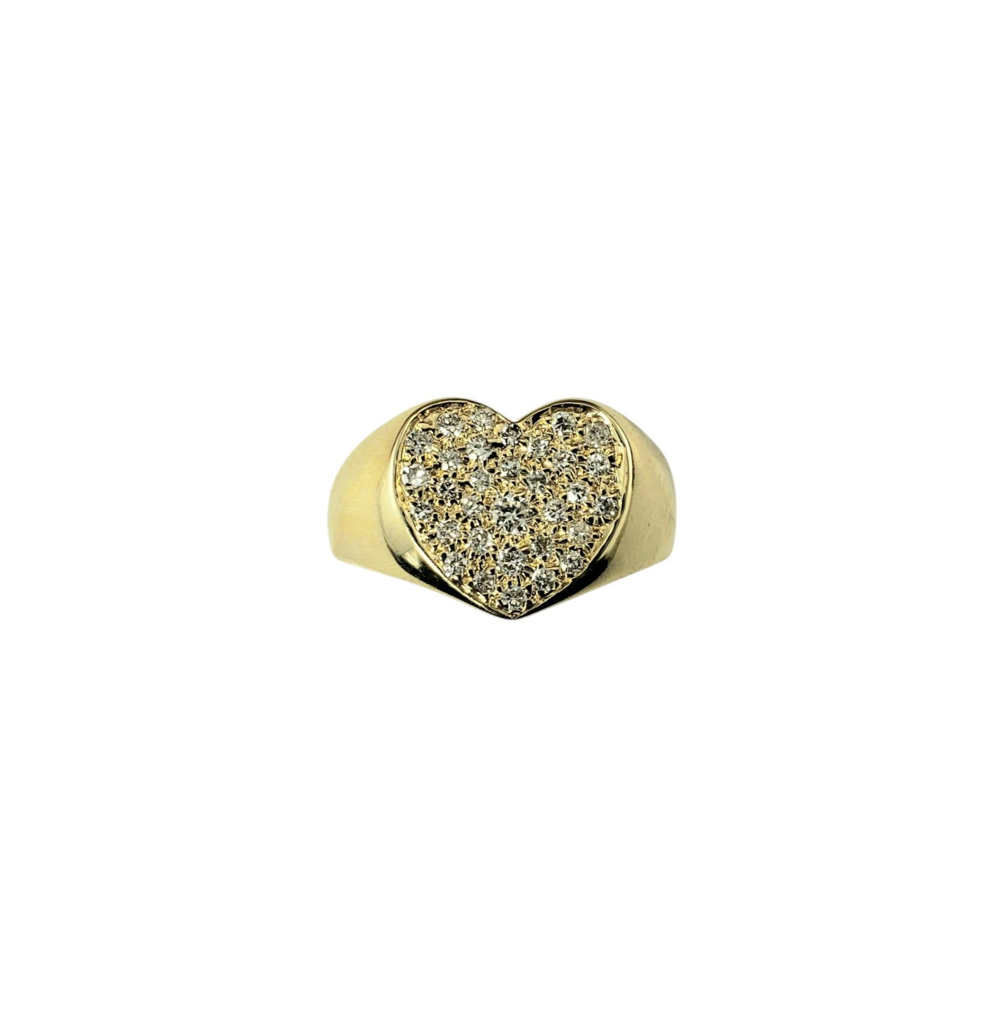 14K Yellow Gold and Diamond Heart Ring Size 6.5

This sparkling heart ring features 33 round brilliant cut diamond set in classic 14K yellow gold. Width: 12 mm.
Shank: 3.5 mm.

Approximate total diamond weight: .40 ct.

Diamond color: G-H

Diamond