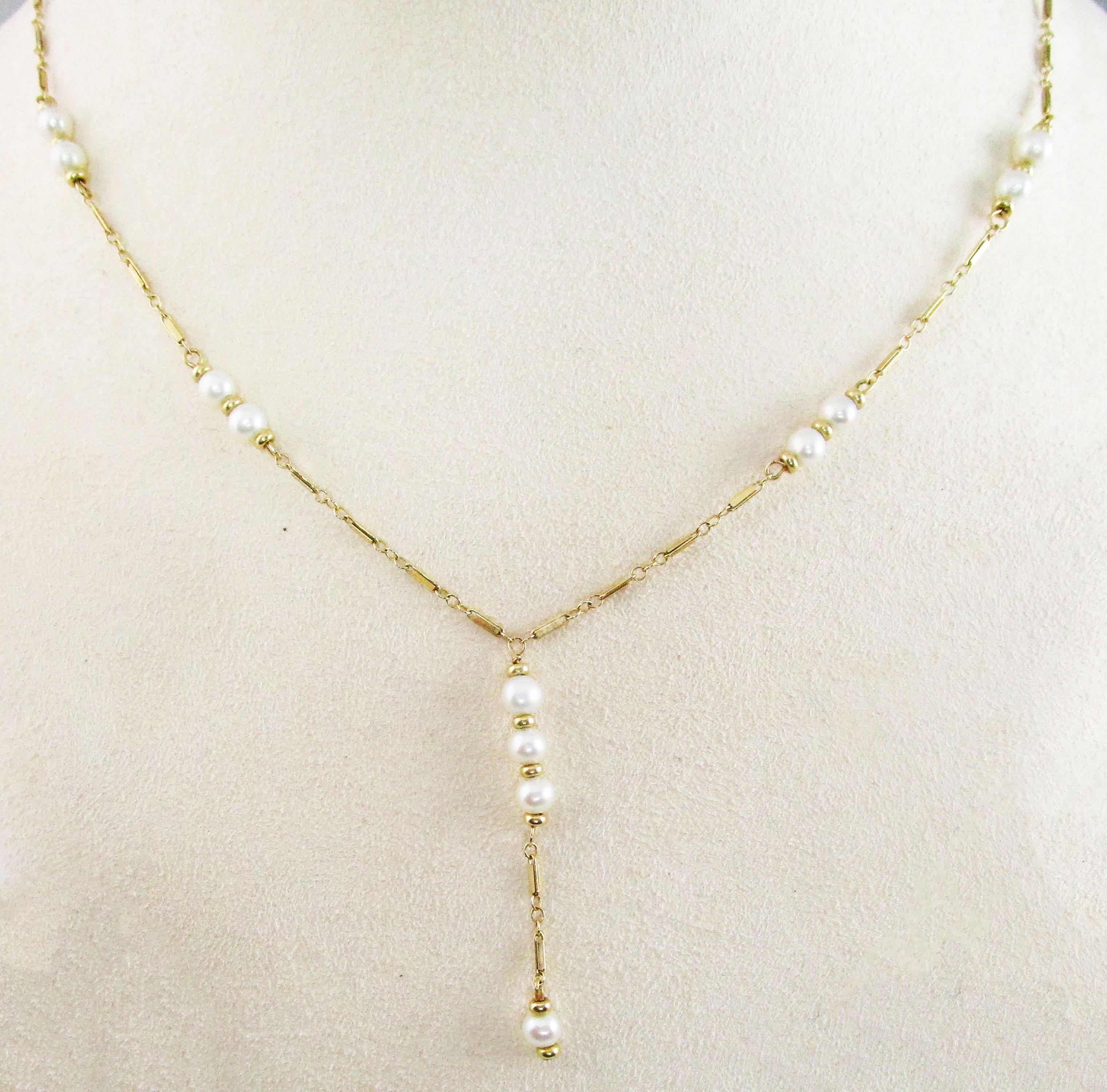 Uncut 14 Karat Yellow Gold and Pearl Lariat Y Chain Necklace