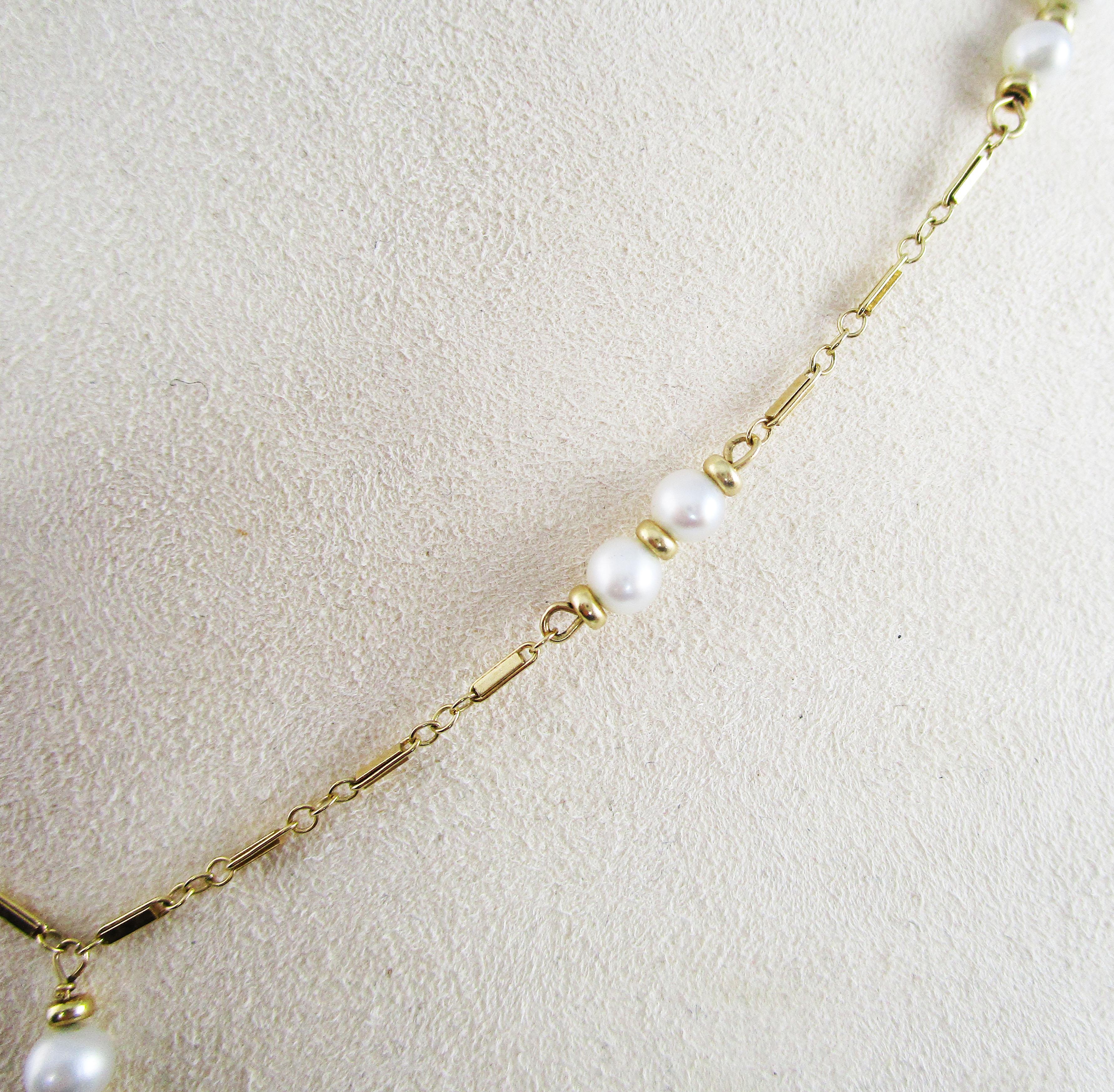 14 Karat Yellow Gold and Pearl Lariat Y Chain Necklace In New Condition In Lexington, KY
