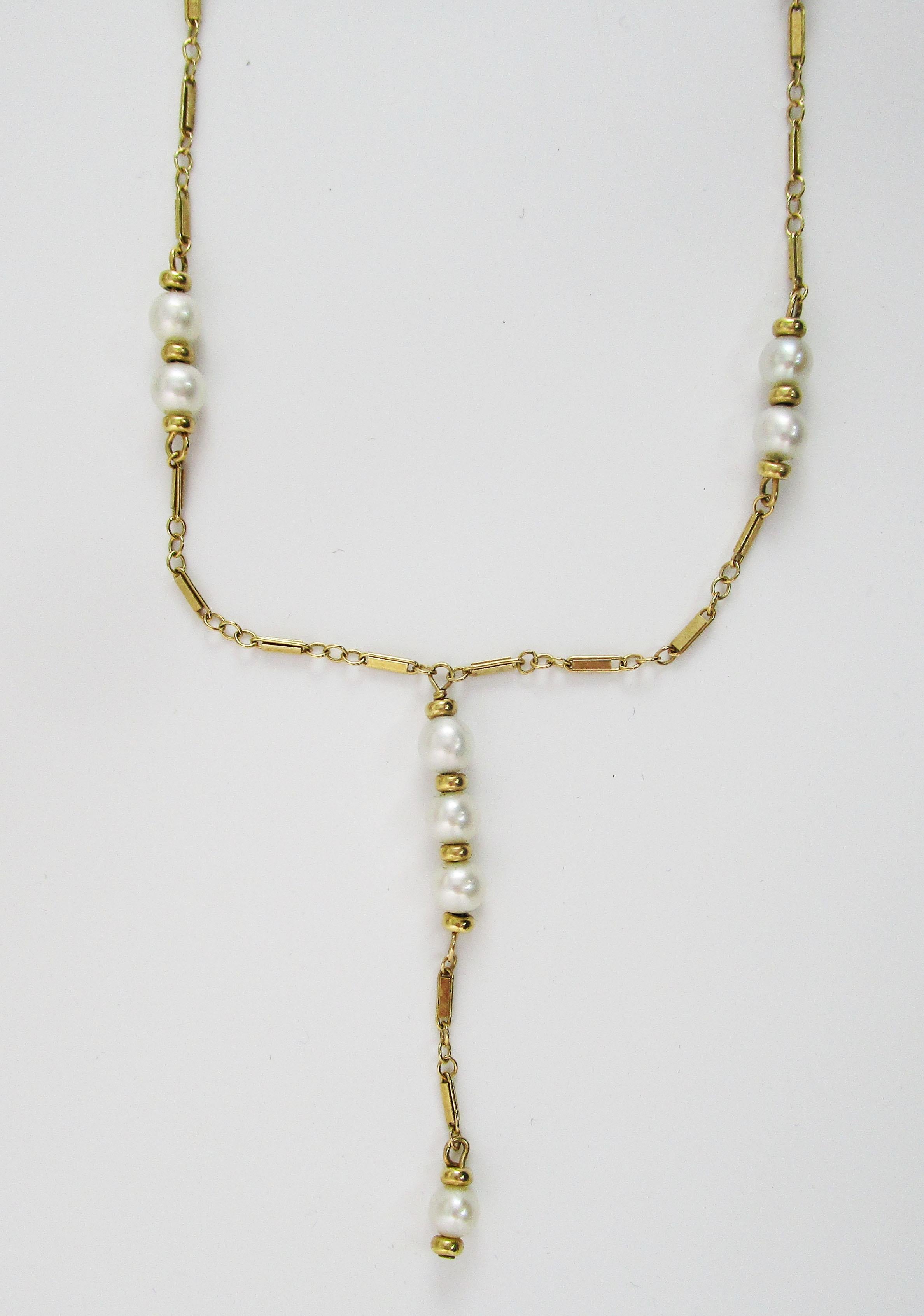 Women's or Men's 14 Karat Yellow Gold and Pearl Lariat Y Chain Necklace