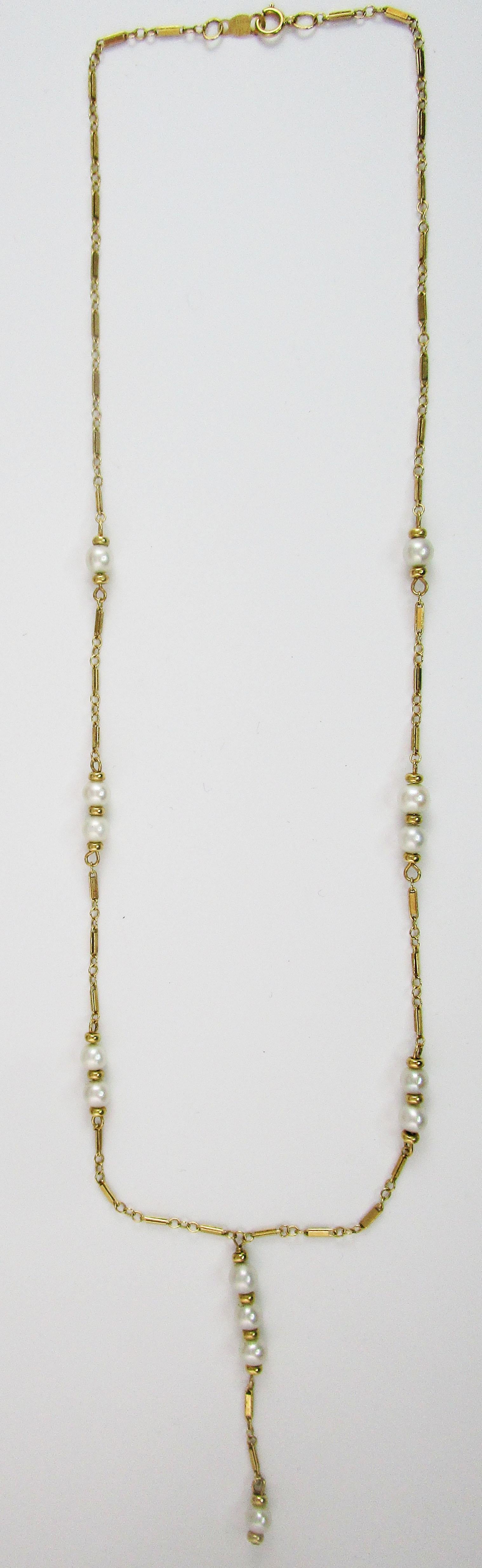 14 Karat Yellow Gold and Pearl Lariat Y Chain Necklace 1
