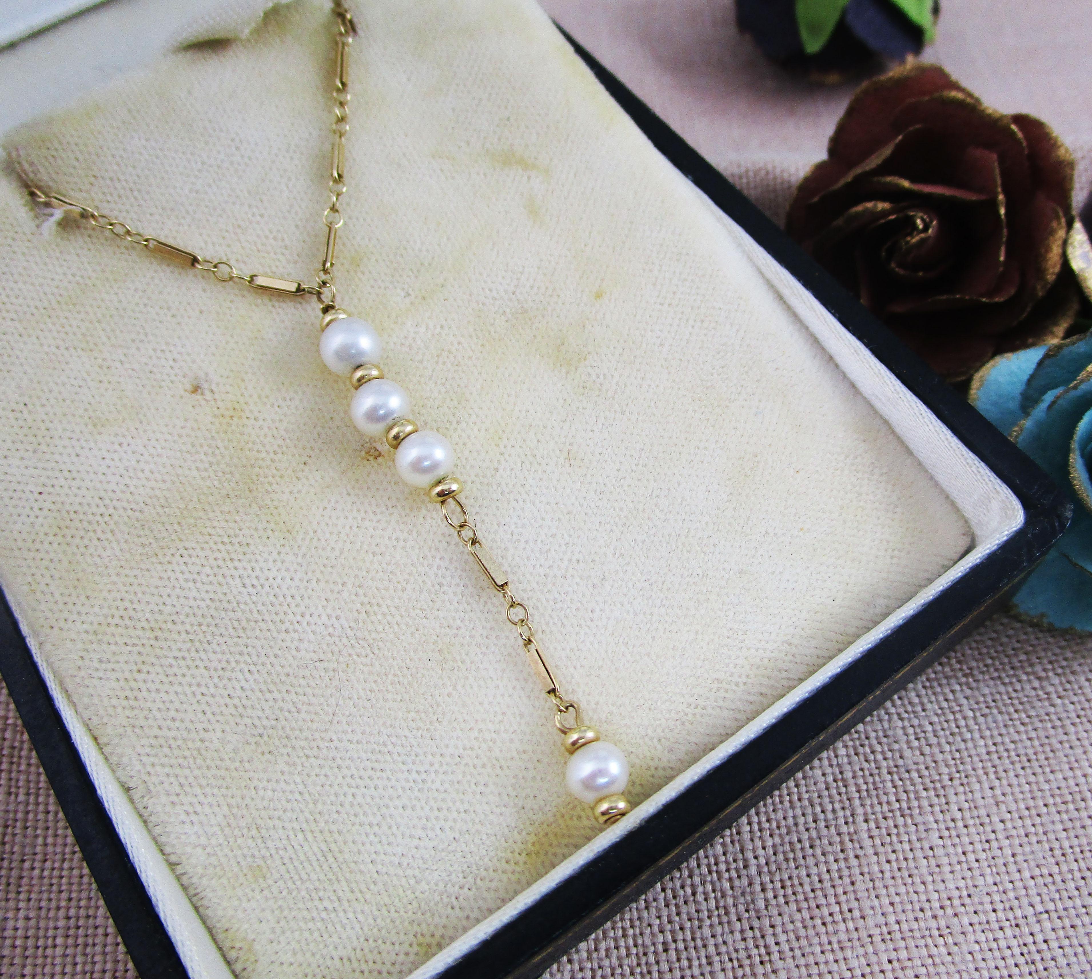 14 Karat Yellow Gold and Pearl Lariat Y Chain Necklace 2