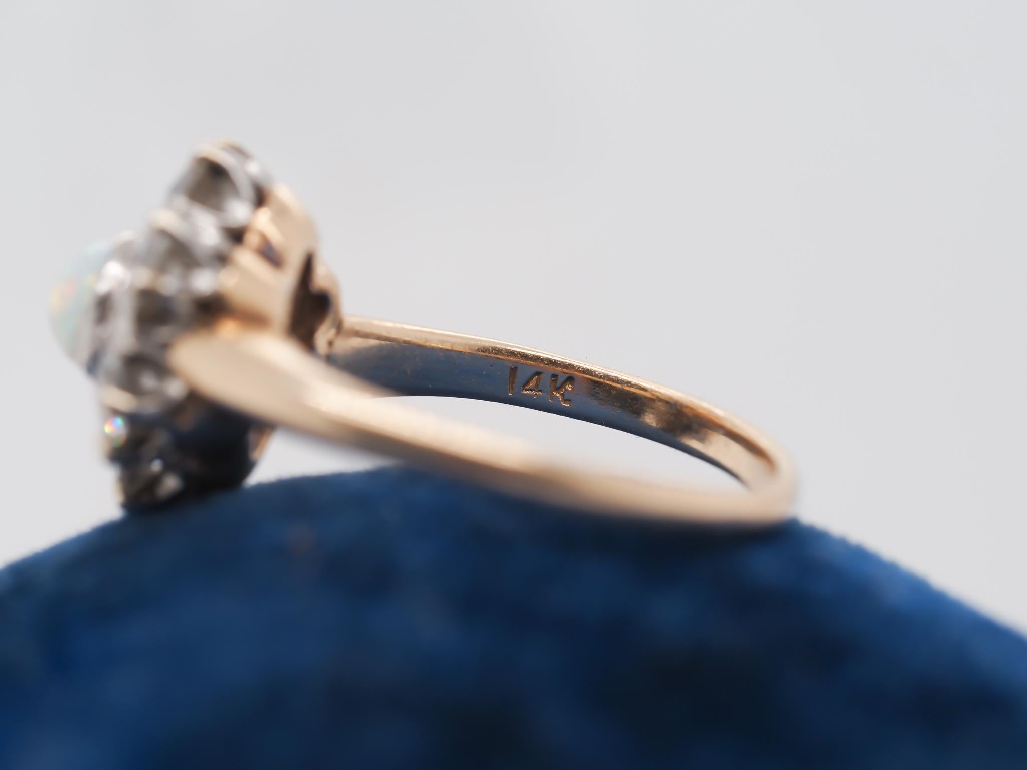 Round Cut 14K Yellow Gold and Platinum Edwardian Opal and Old Mine Diamond Halo Ring For Sale