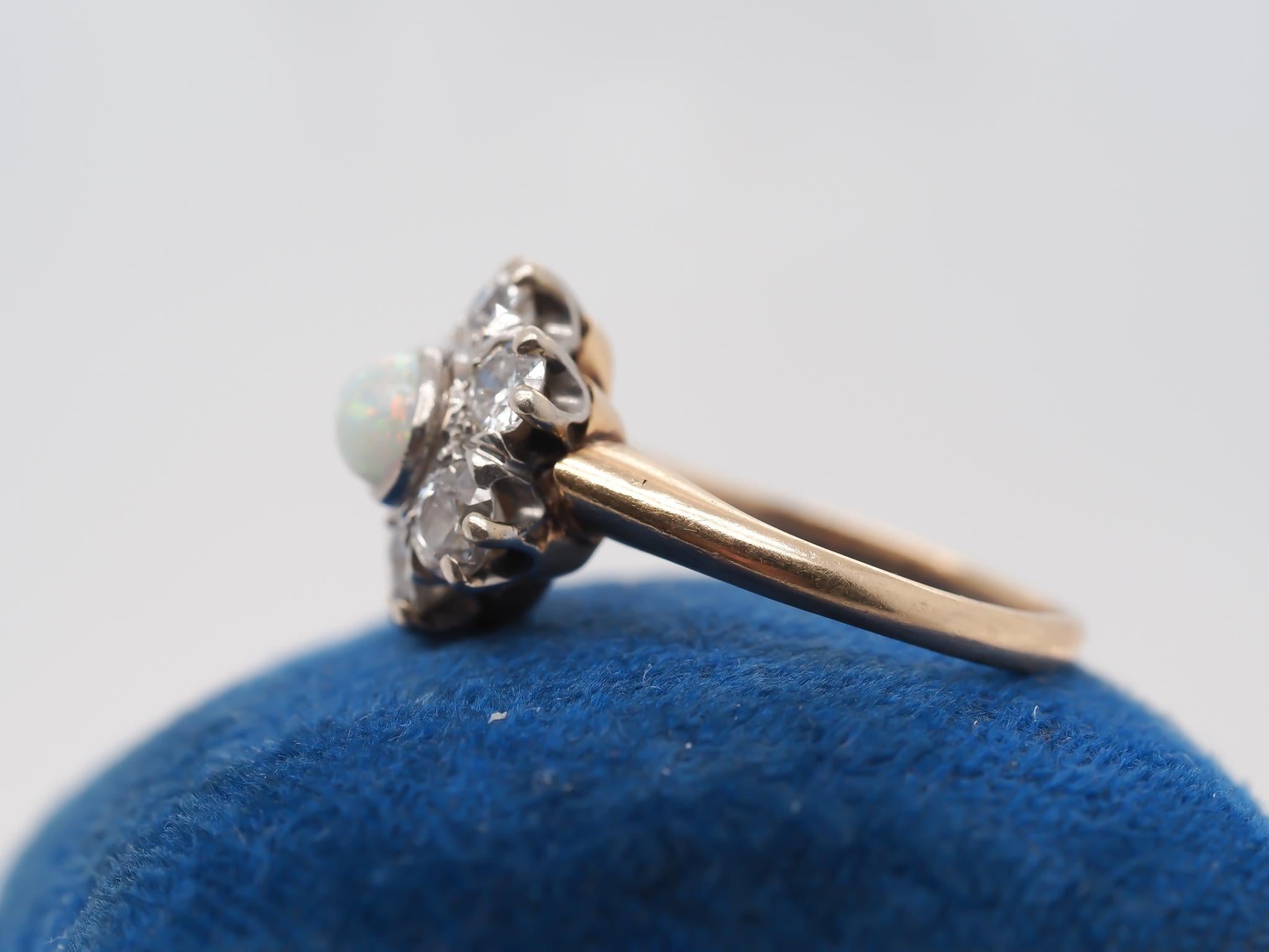 14K Yellow Gold and Platinum Edwardian Opal and Old Mine Diamond Halo Ring For Sale 1