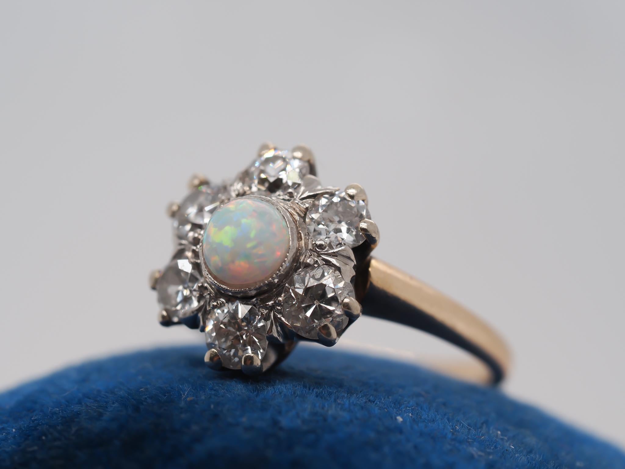 14K Yellow Gold and Platinum Edwardian Opal and Old Mine Diamond Halo Ring For Sale 2