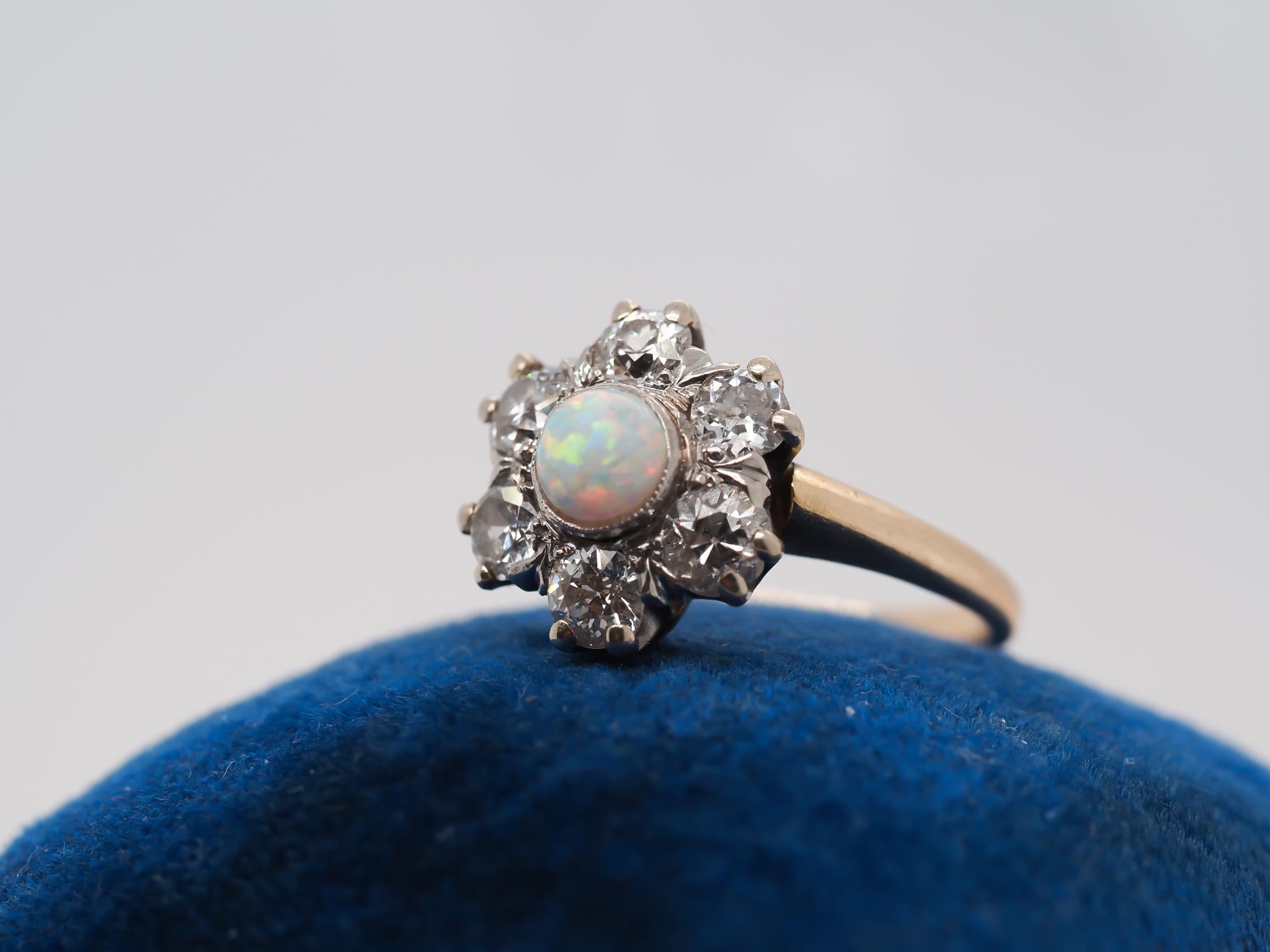 14K Yellow Gold and Platinum Edwardian Opal and Old Mine Diamond Halo Ring For Sale 3